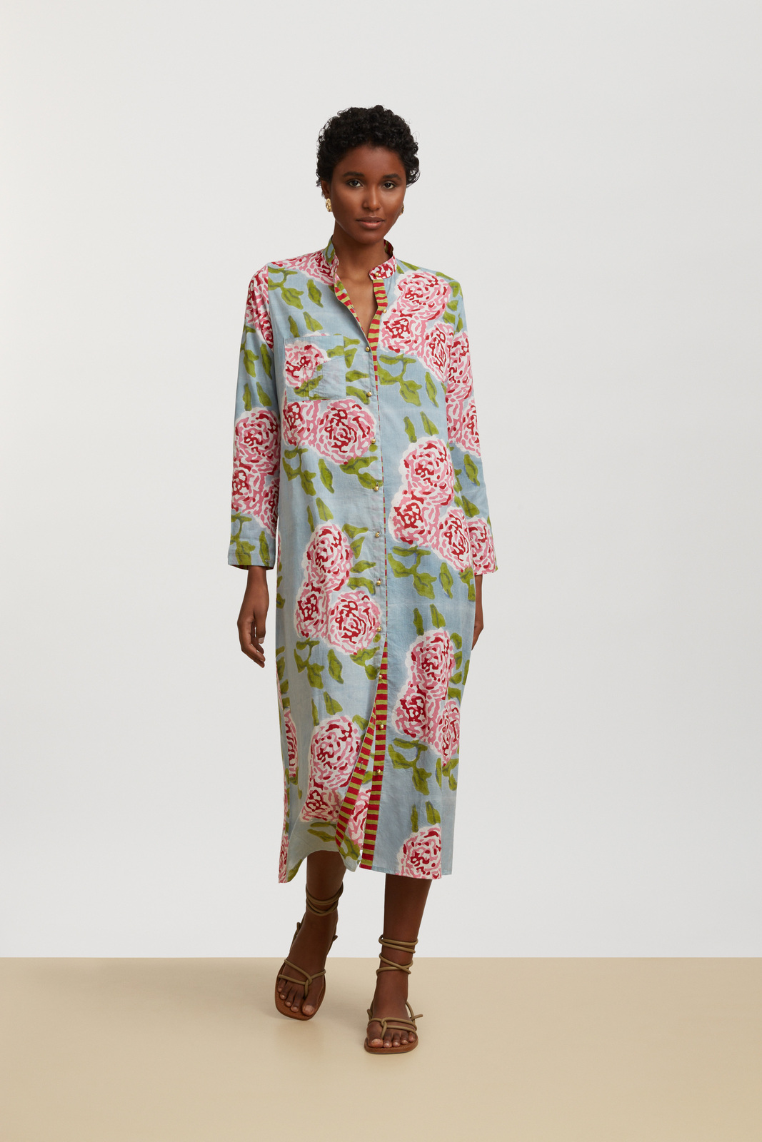 long open kurta--leopard flower sky light blue 