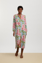 long open kurta--leopard flower sky light blue 