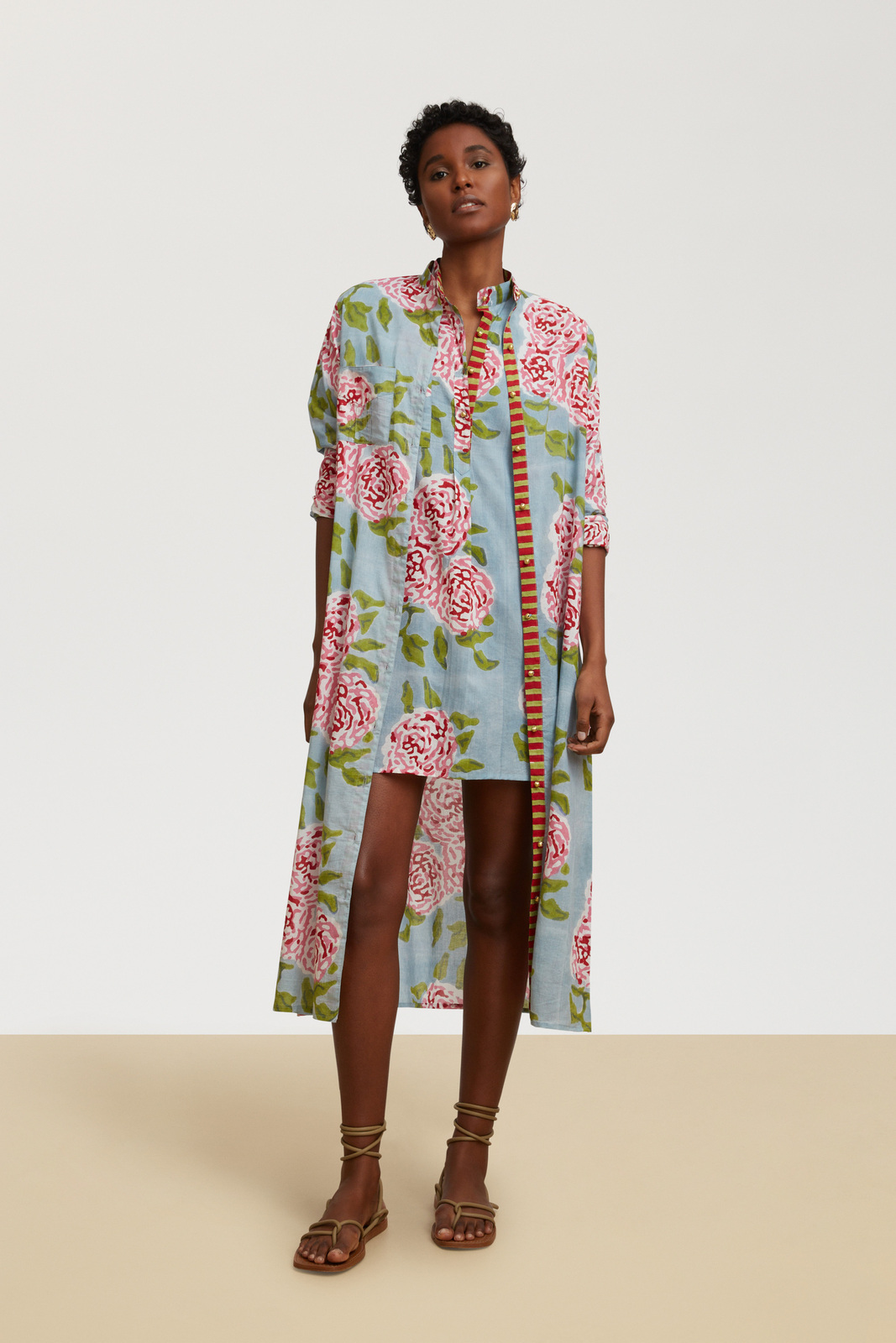 long open kurta--leopard flower sky light blue 