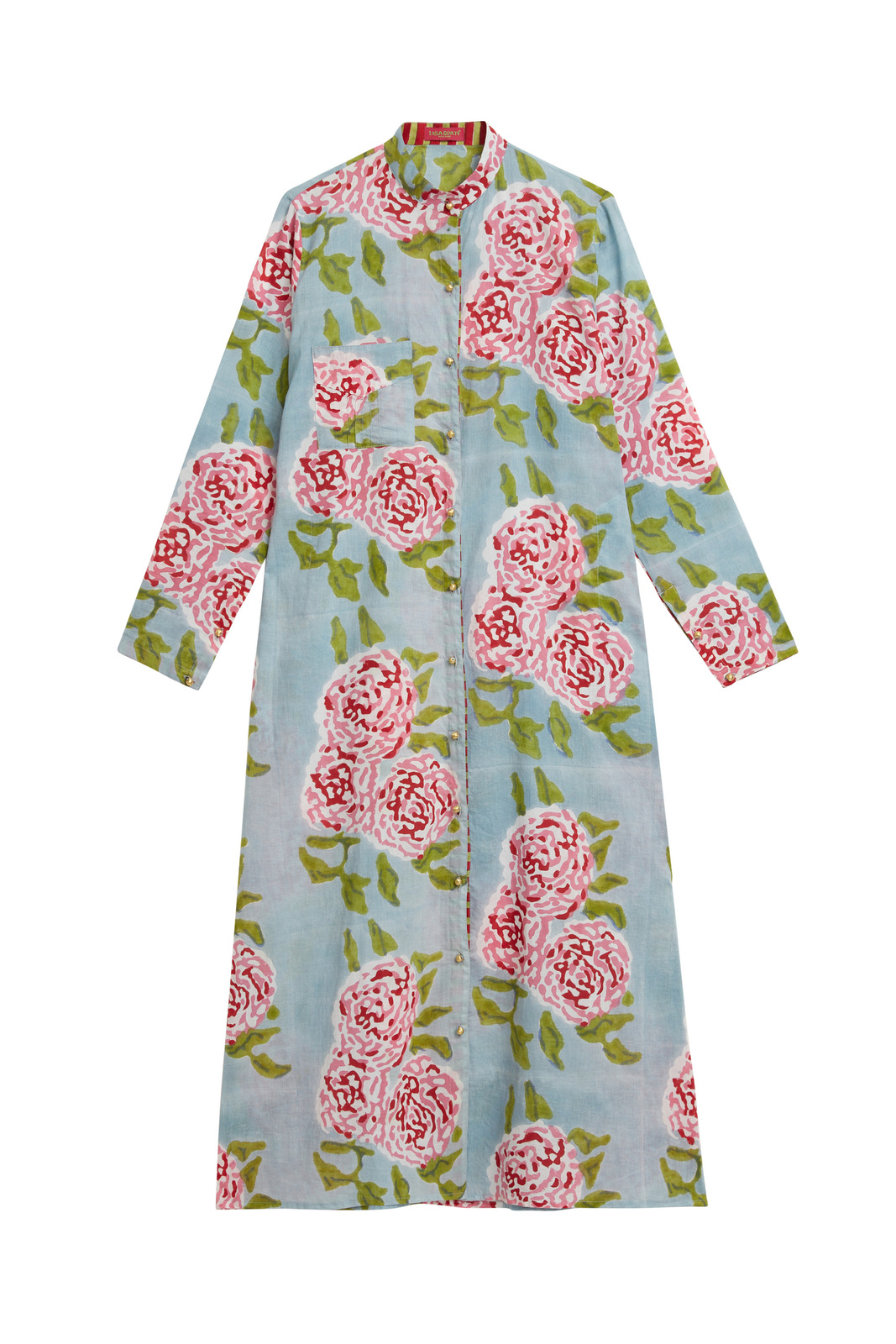 long open kurta--leopard flower sky light blue 