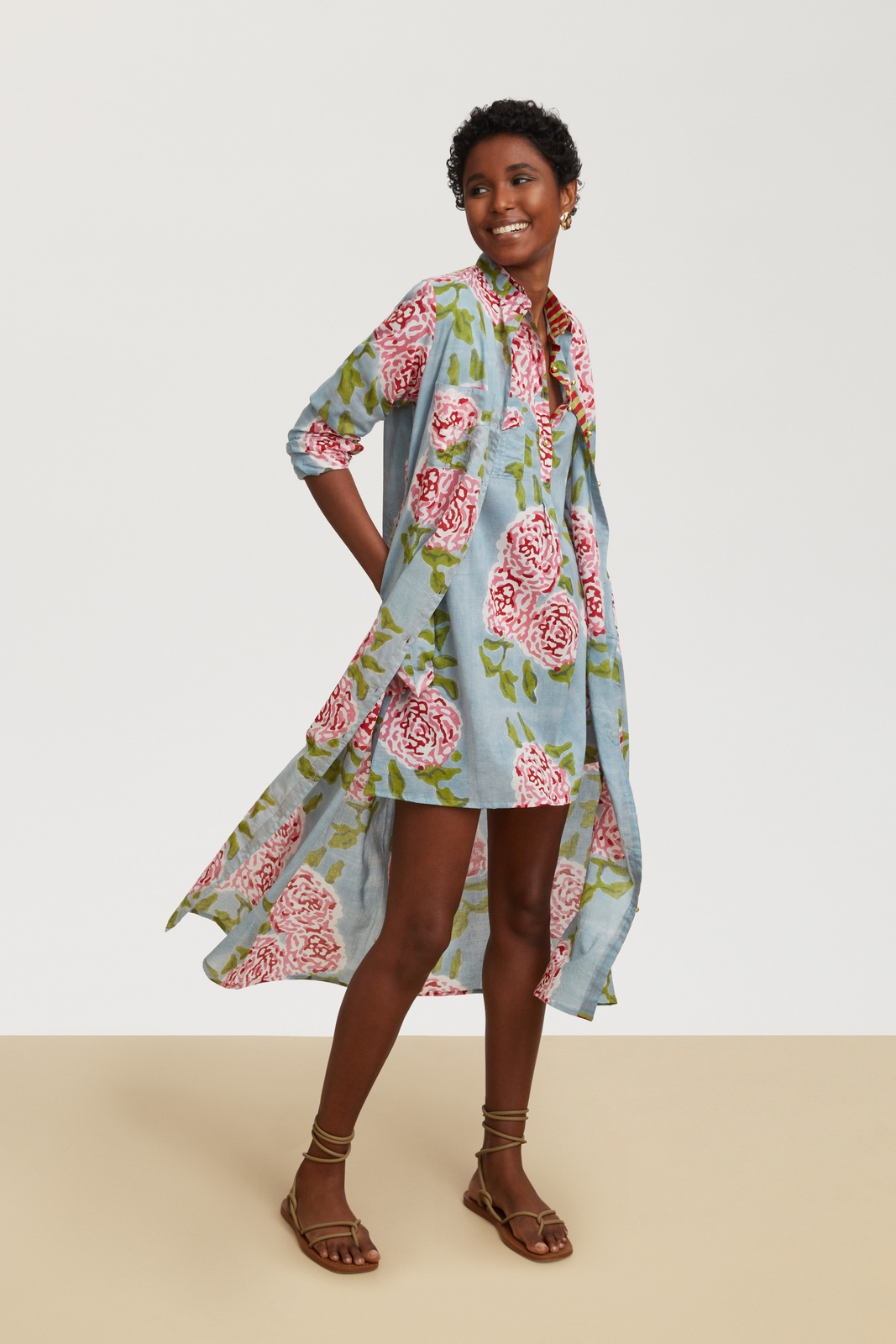 short kurta--leopard flower sky light blue