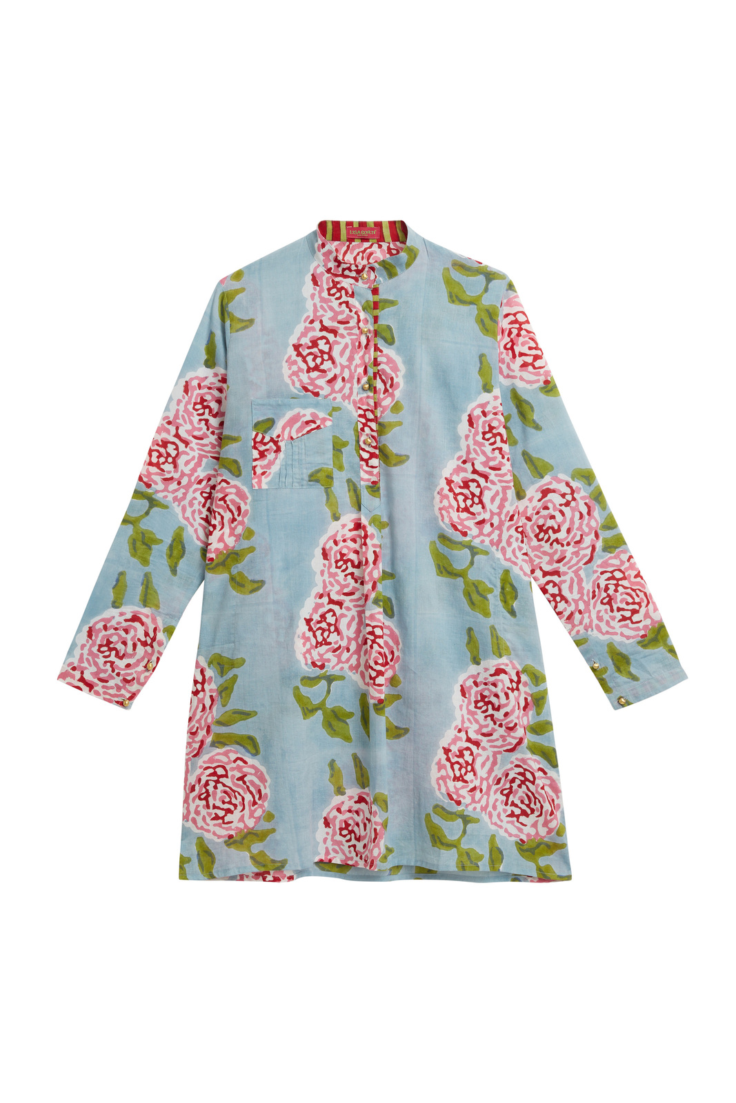 short kurta--leopard flower sky light blue