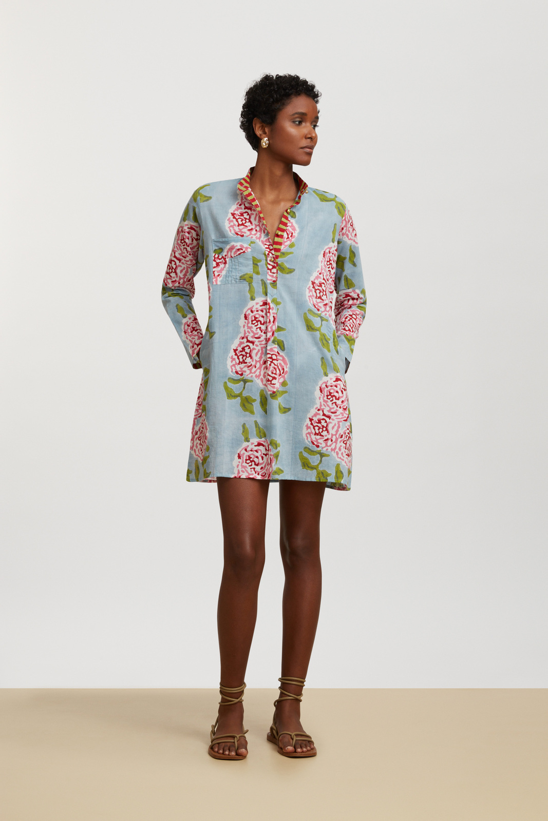 short kurta--leopard flower sky light blue