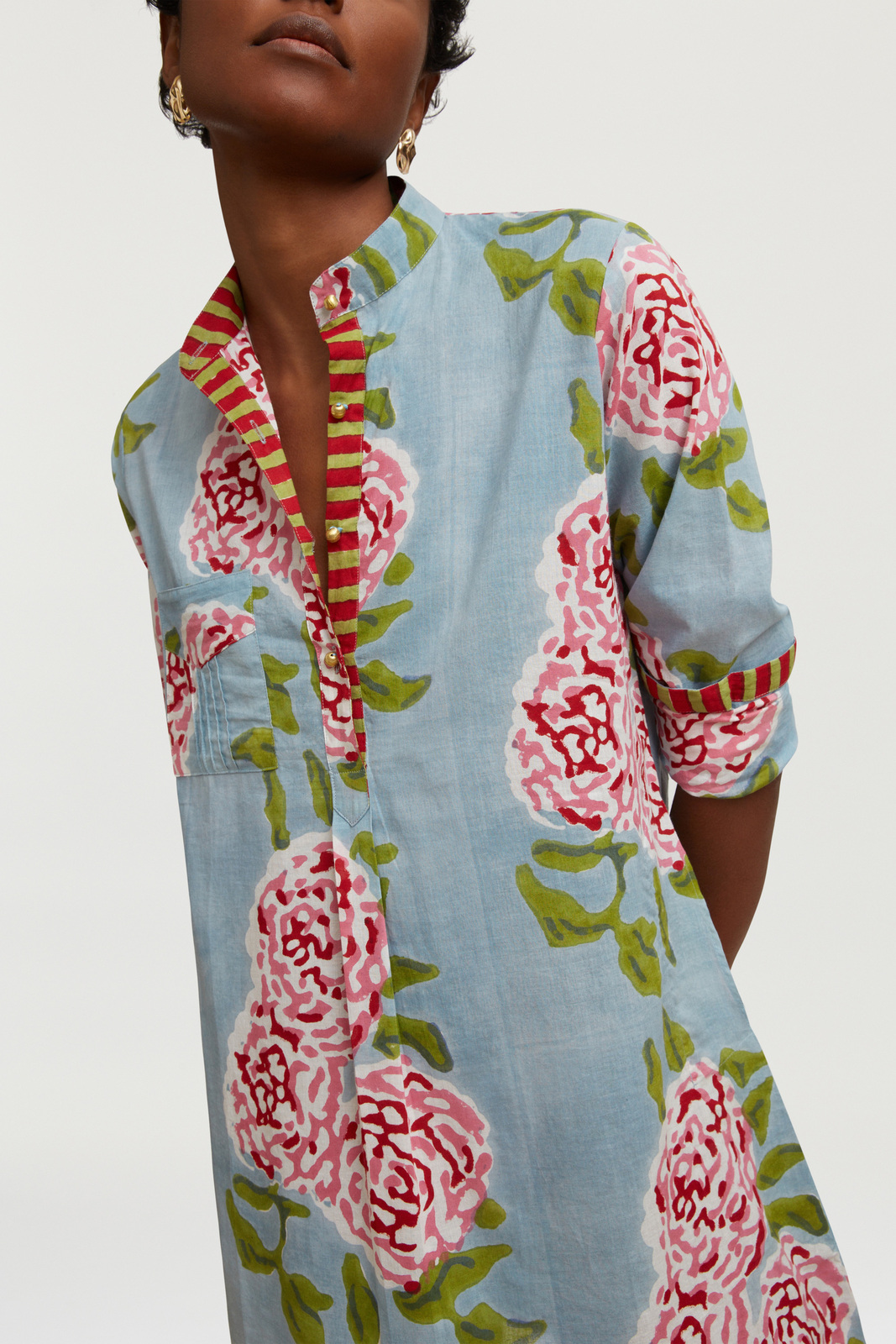 short kurta--leopard flower sky light blue