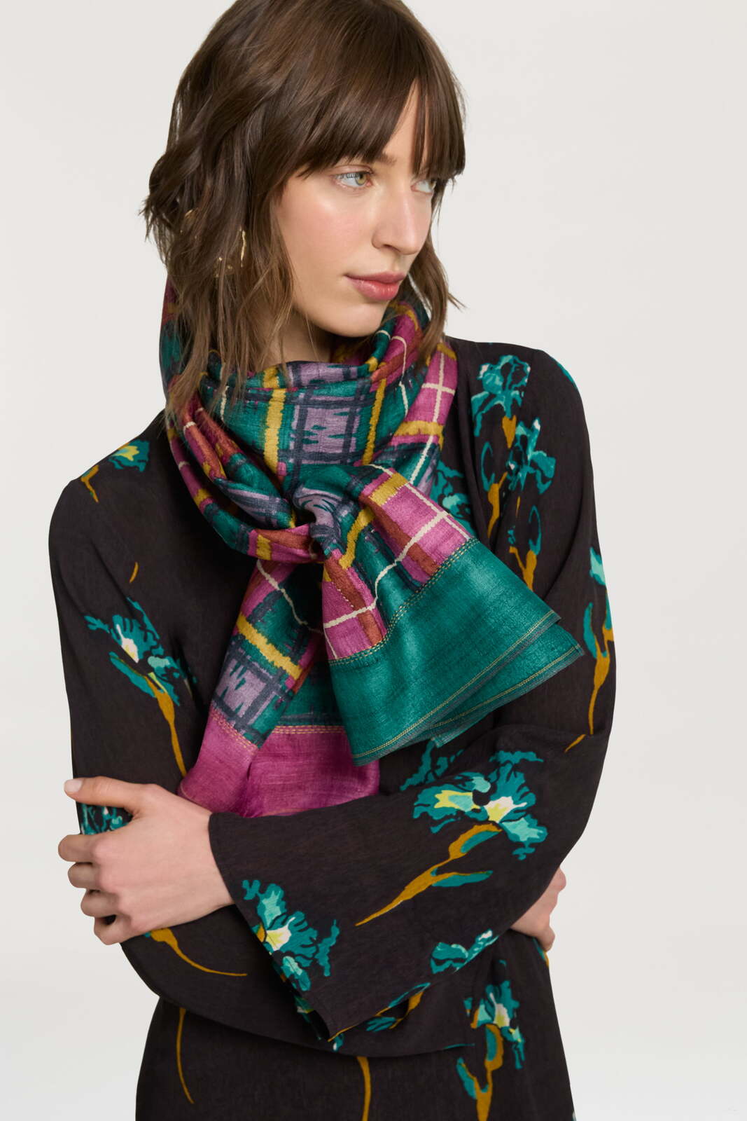 silk stole 55x180cm--tartan fuxia