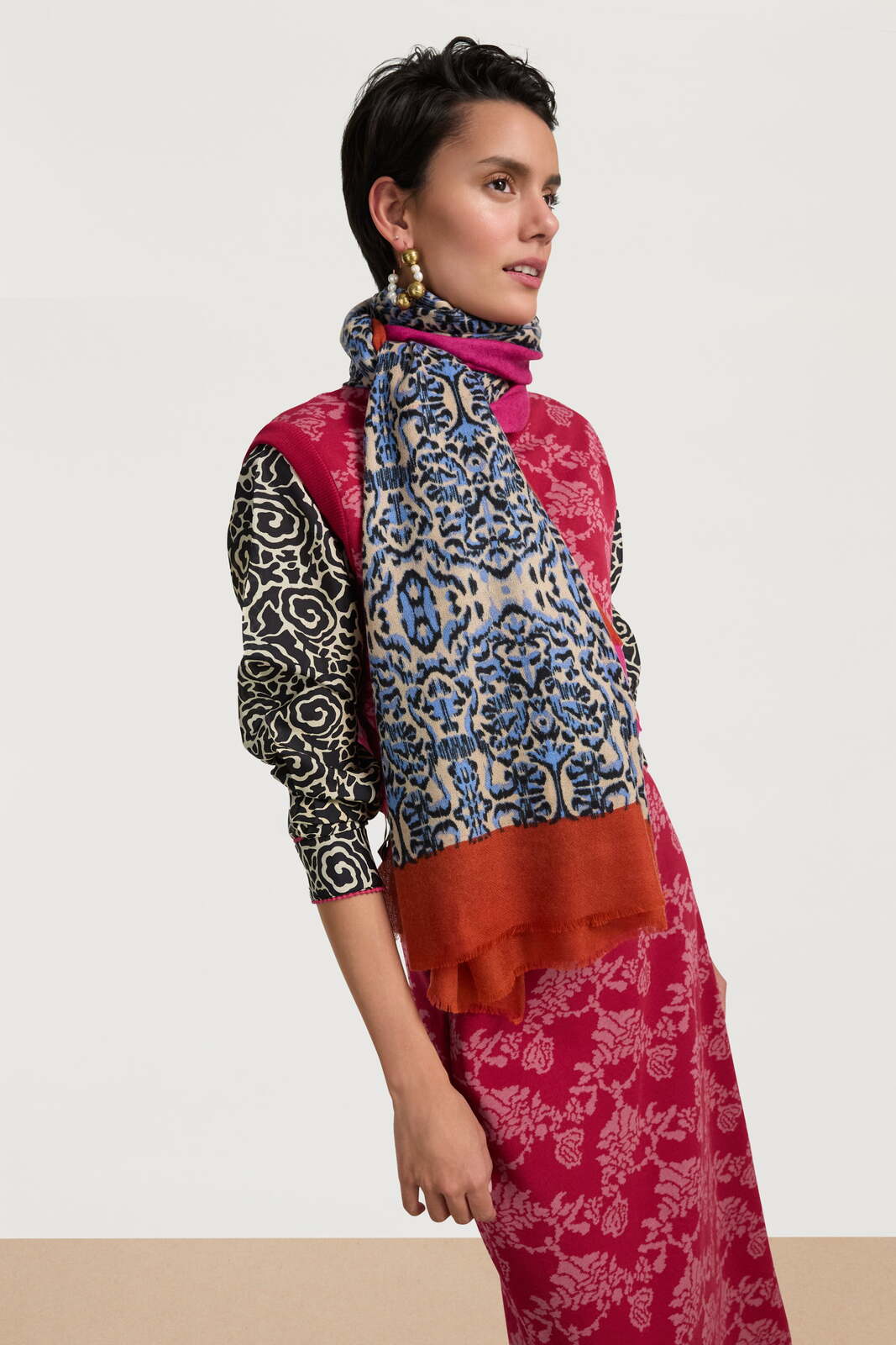 stole wool silk 100x200cm--kasuri damask ivory