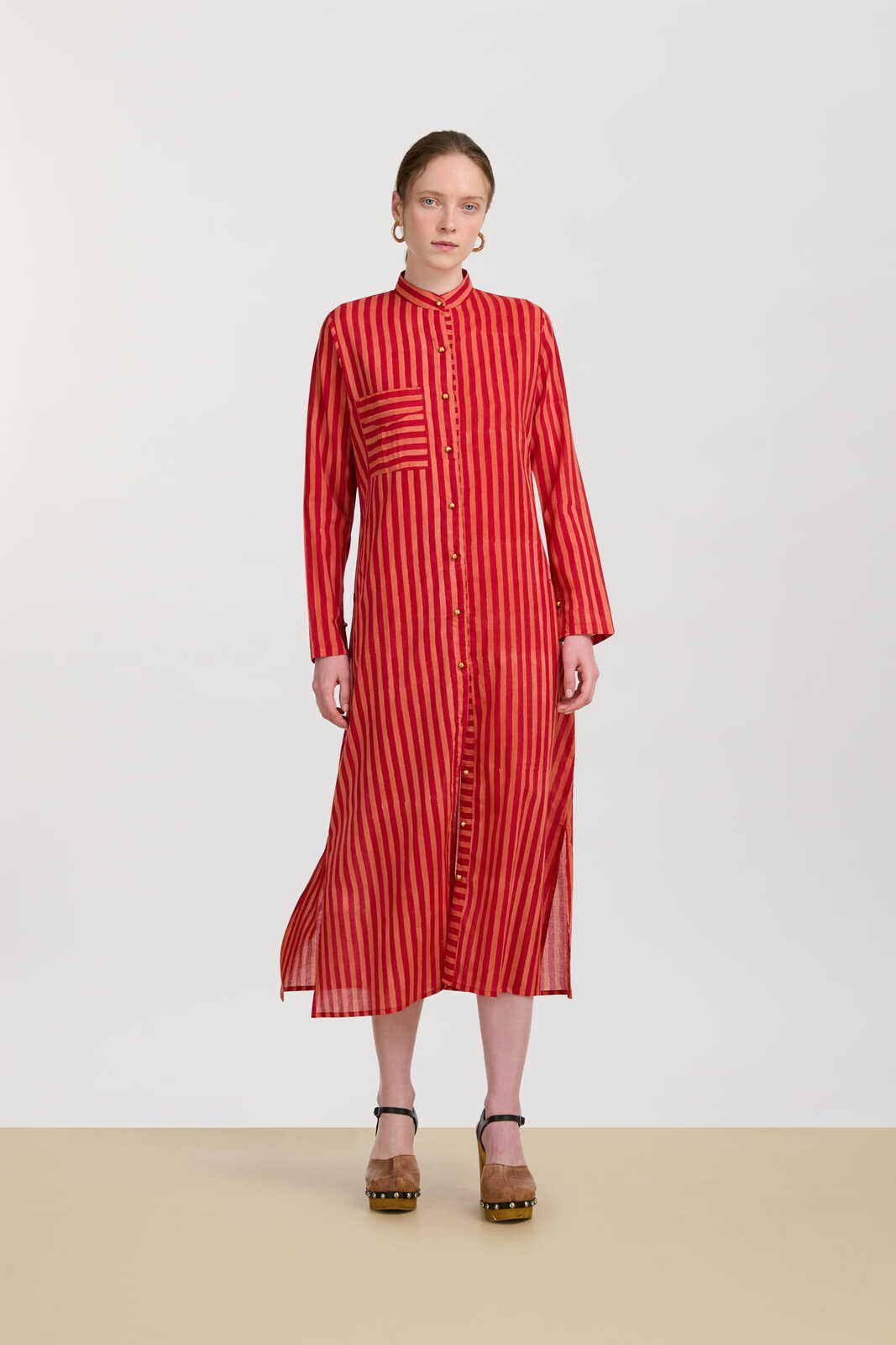 long open kurta--mini stripes red