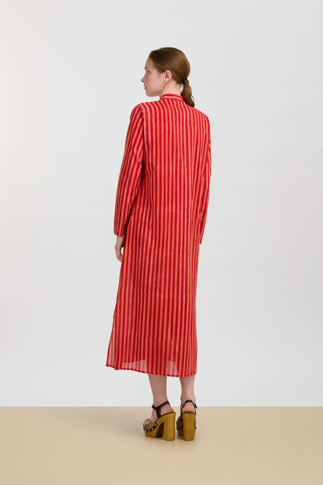 long open kurta--mini stripes red