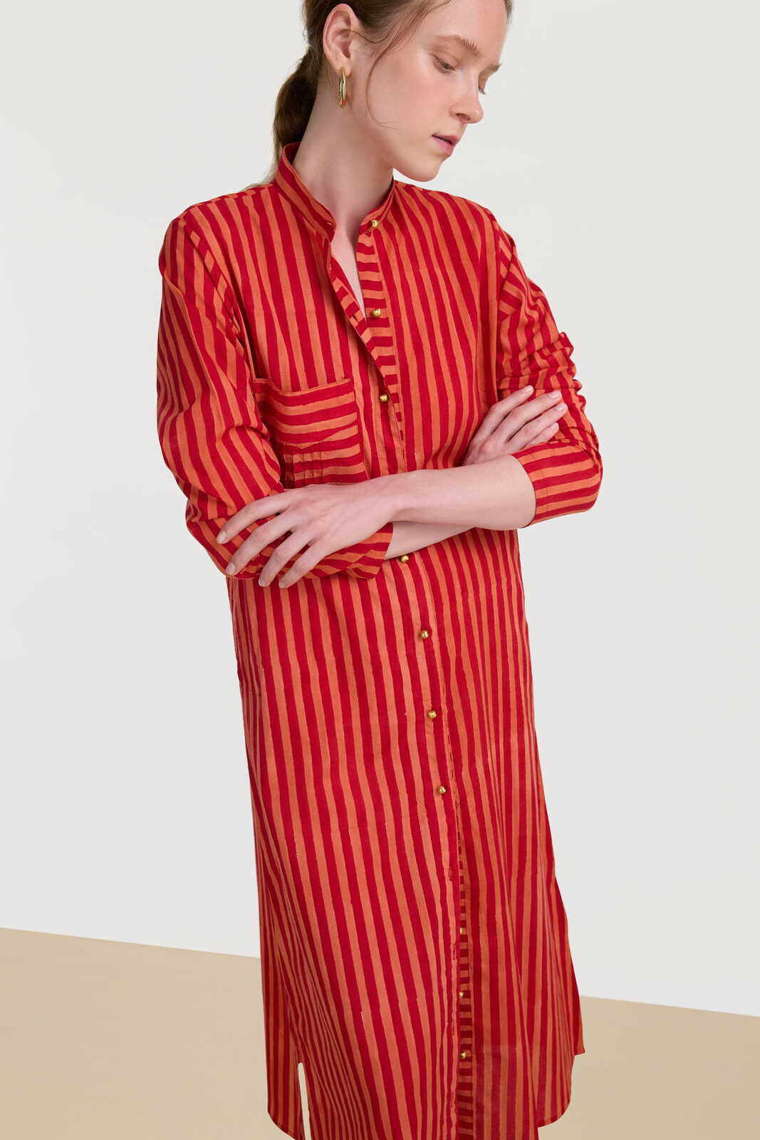 long open kurta--mini stripes red