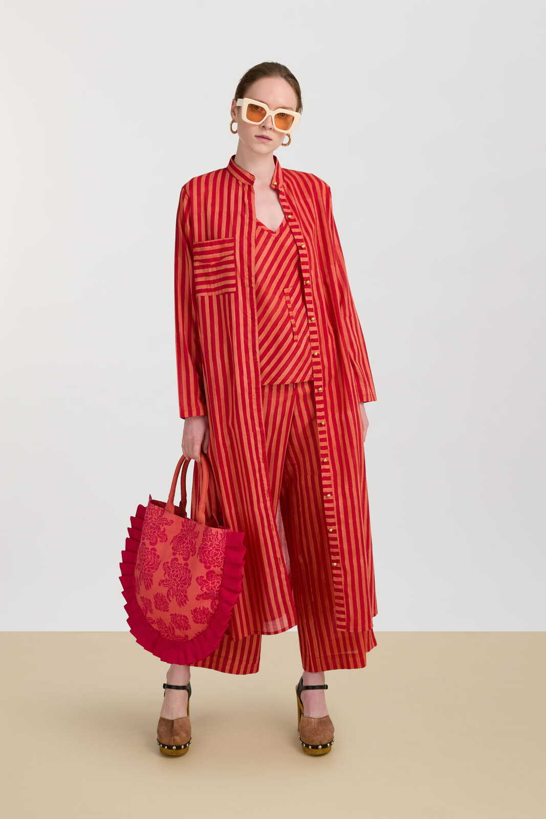 long open kurta--mini stripes red