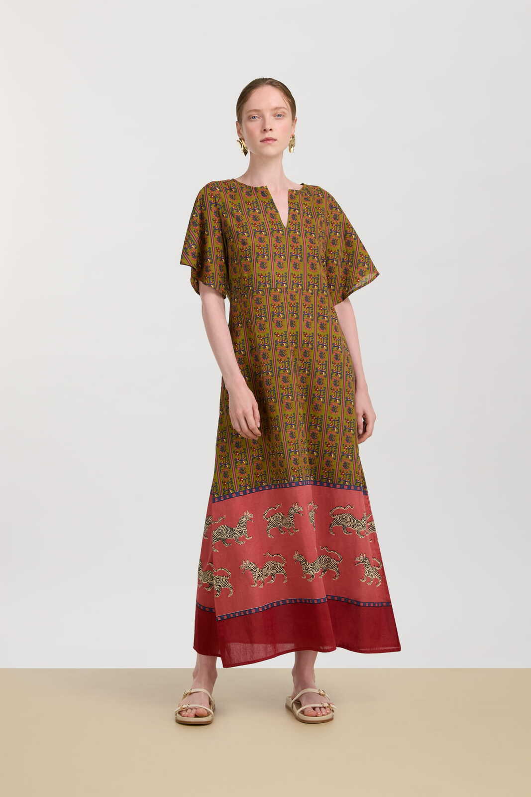 guava caftan--dragon tiger green gold