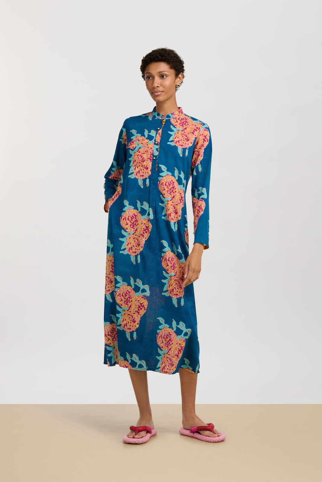 long kurta--leopard flower dark teal