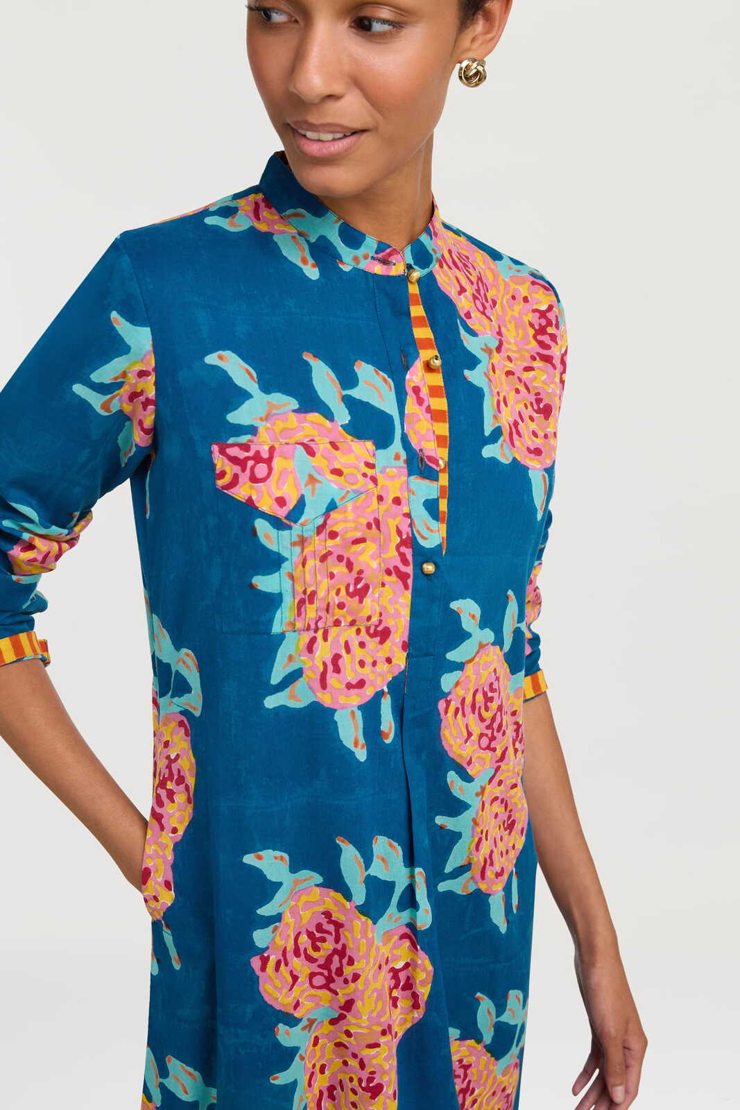 long kurta--leopard flower dark teal