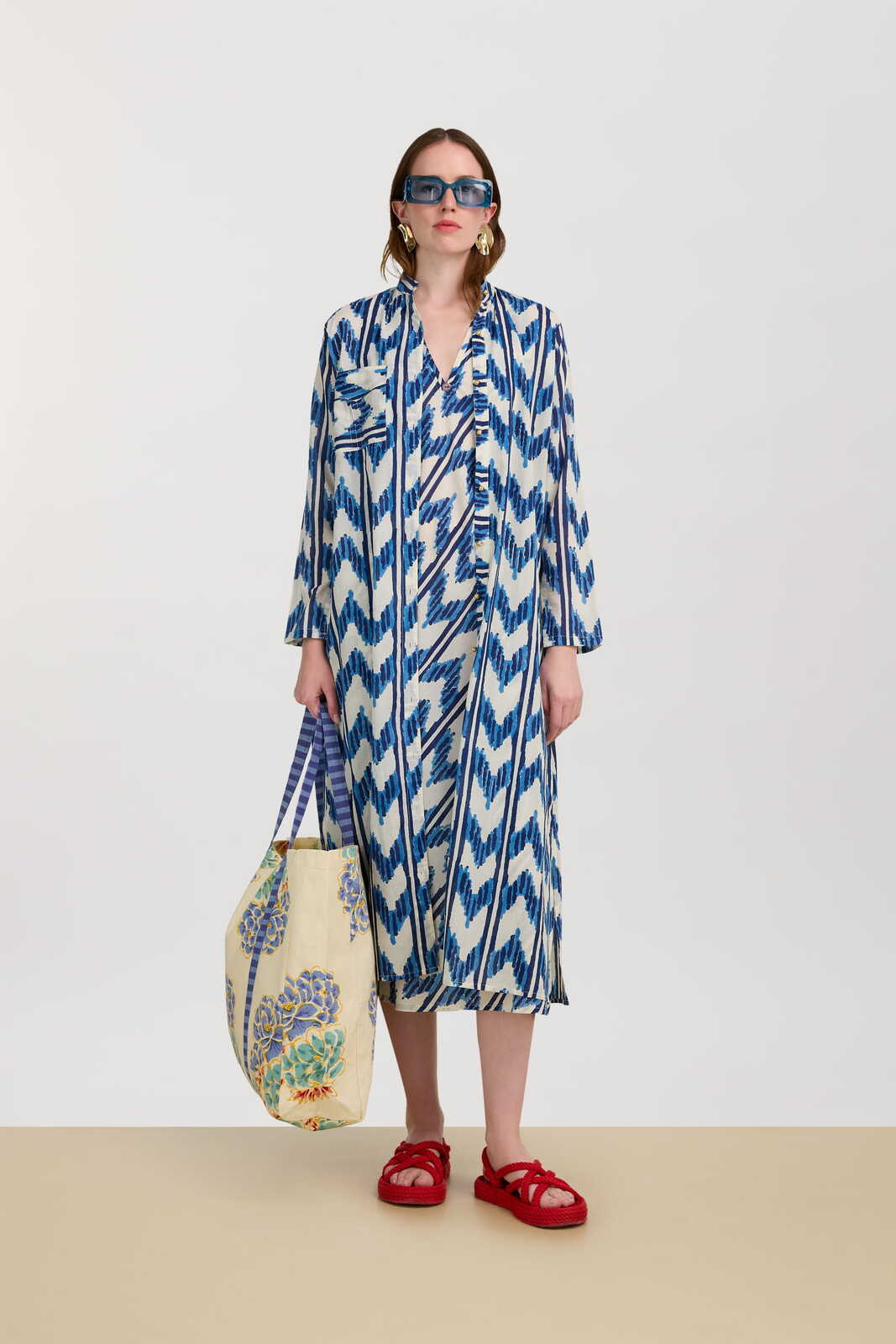 long open kurta--ikat arrow blue
