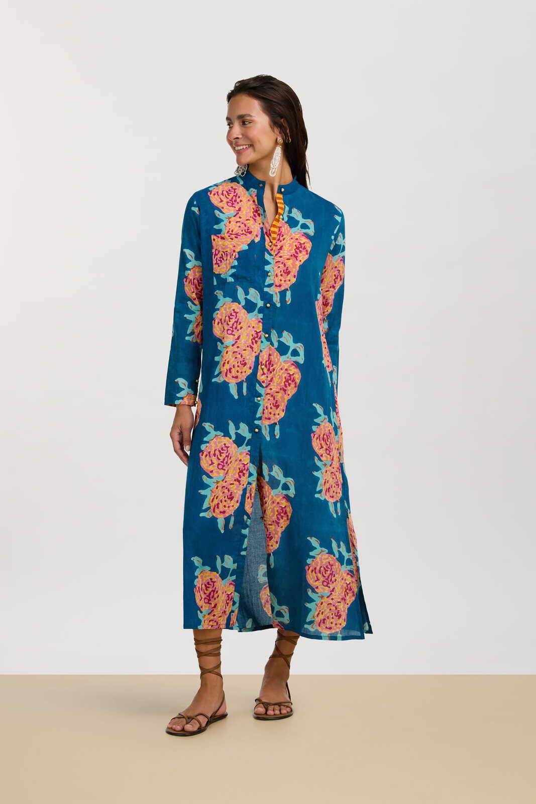 long open kurta--leopard flower dark teal