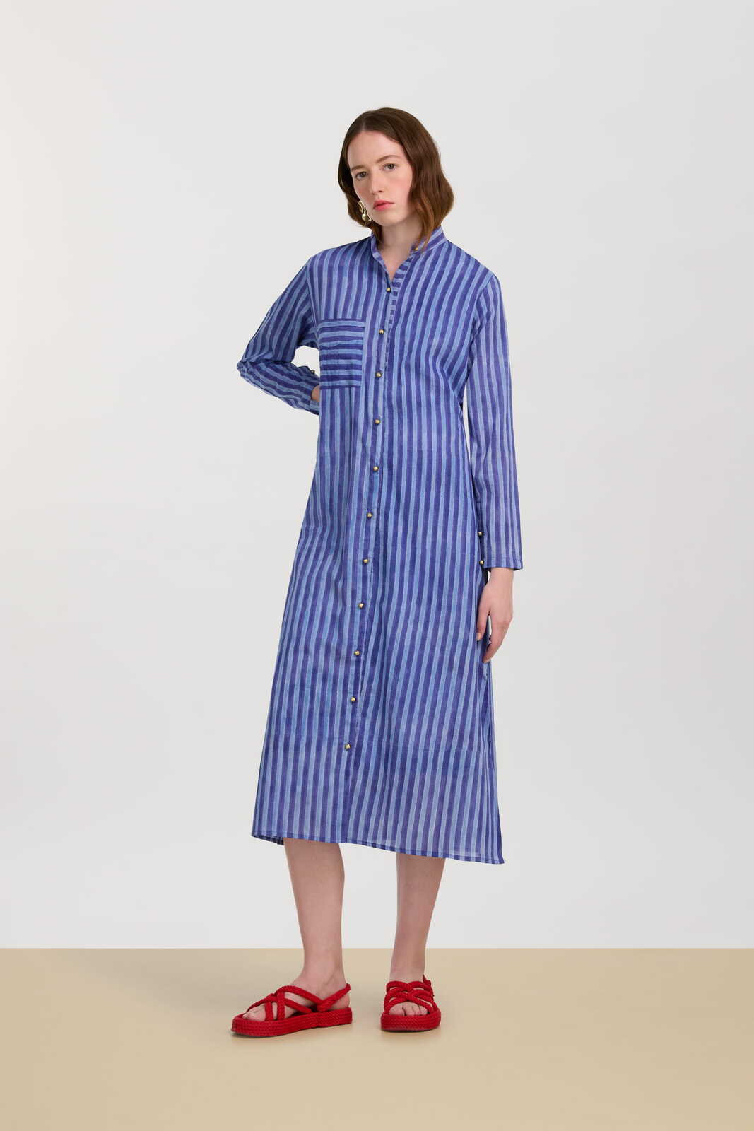 long open kurta--mini stripes plumbago