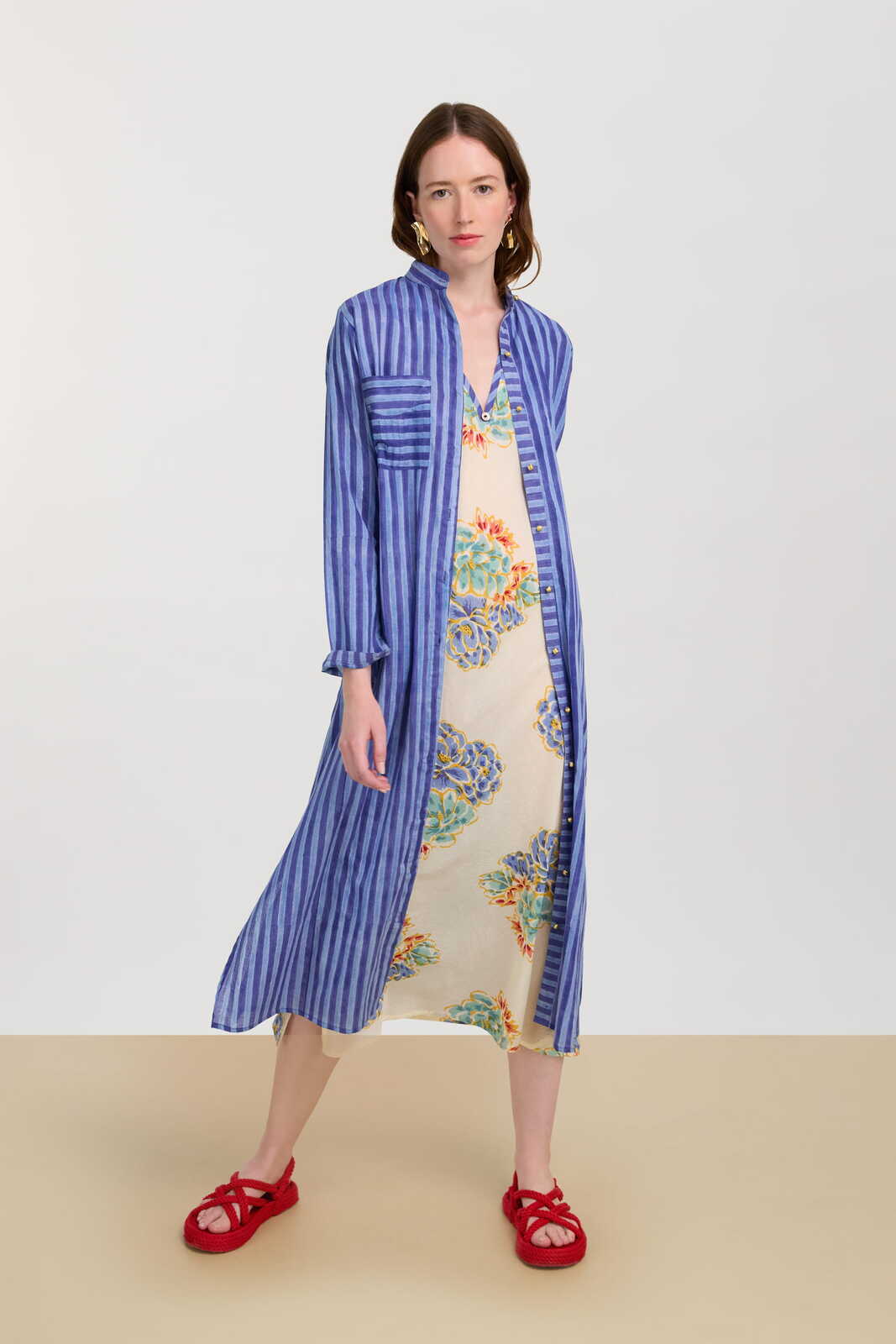 long open kurta--mini stripes plumbago