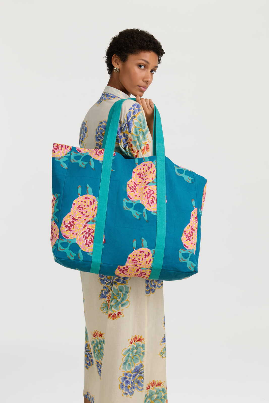 shopping bag--leopard flower teal