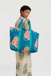 shopping bag--leopard flower teal