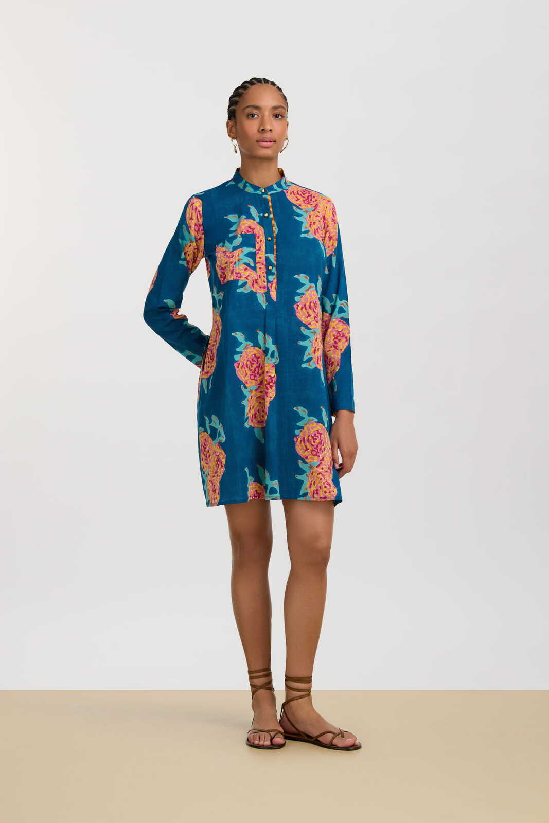 short kurta--leopard flower dark teal