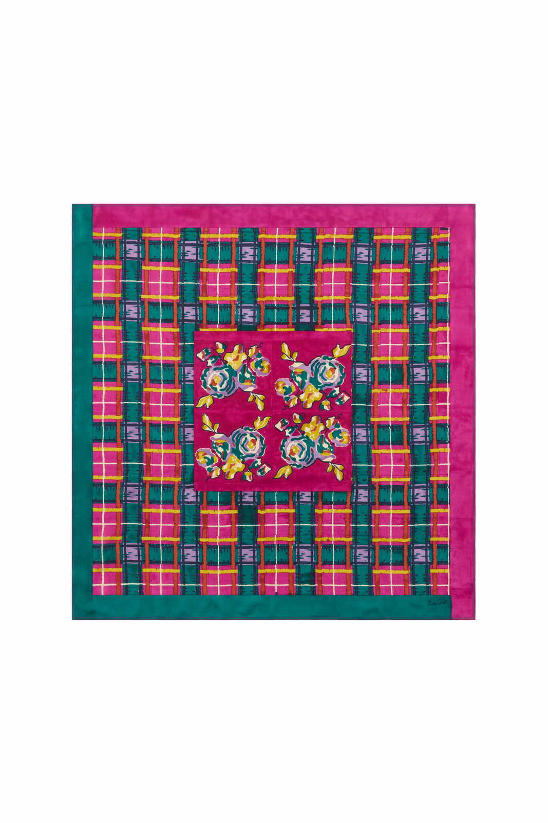 foulard 100x100 habutai silk--orihime tartan fuxia