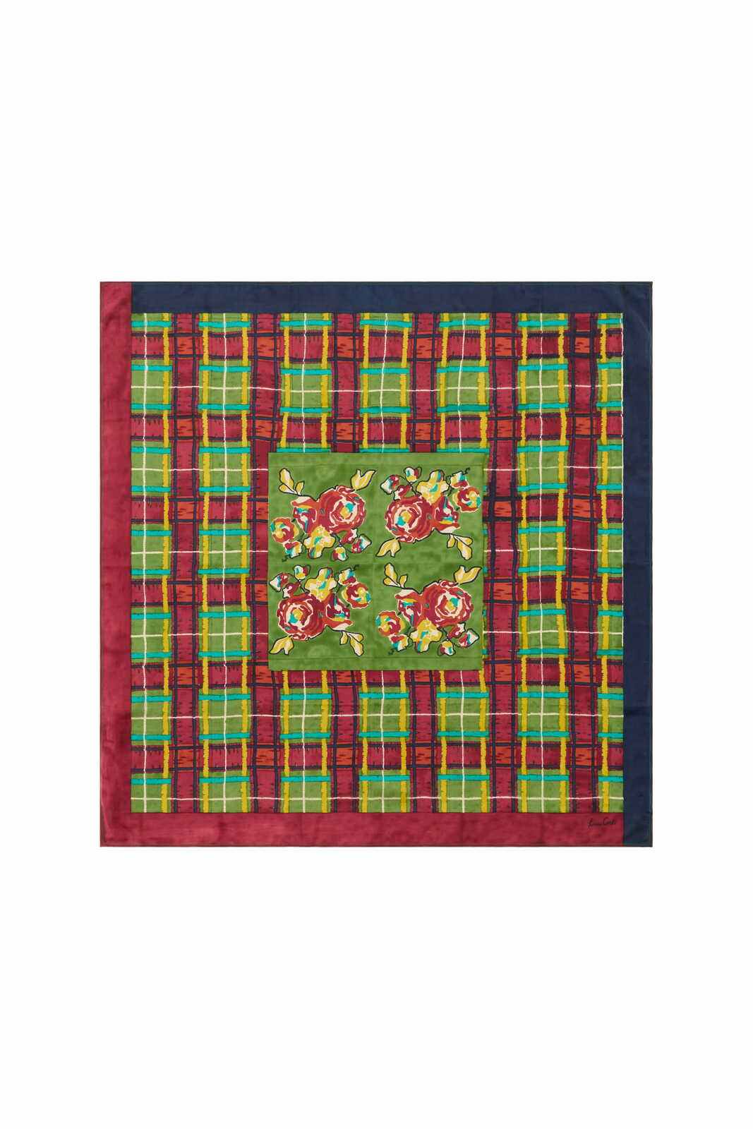 foulard 100x100 habutai silk--orihime tartan olive green