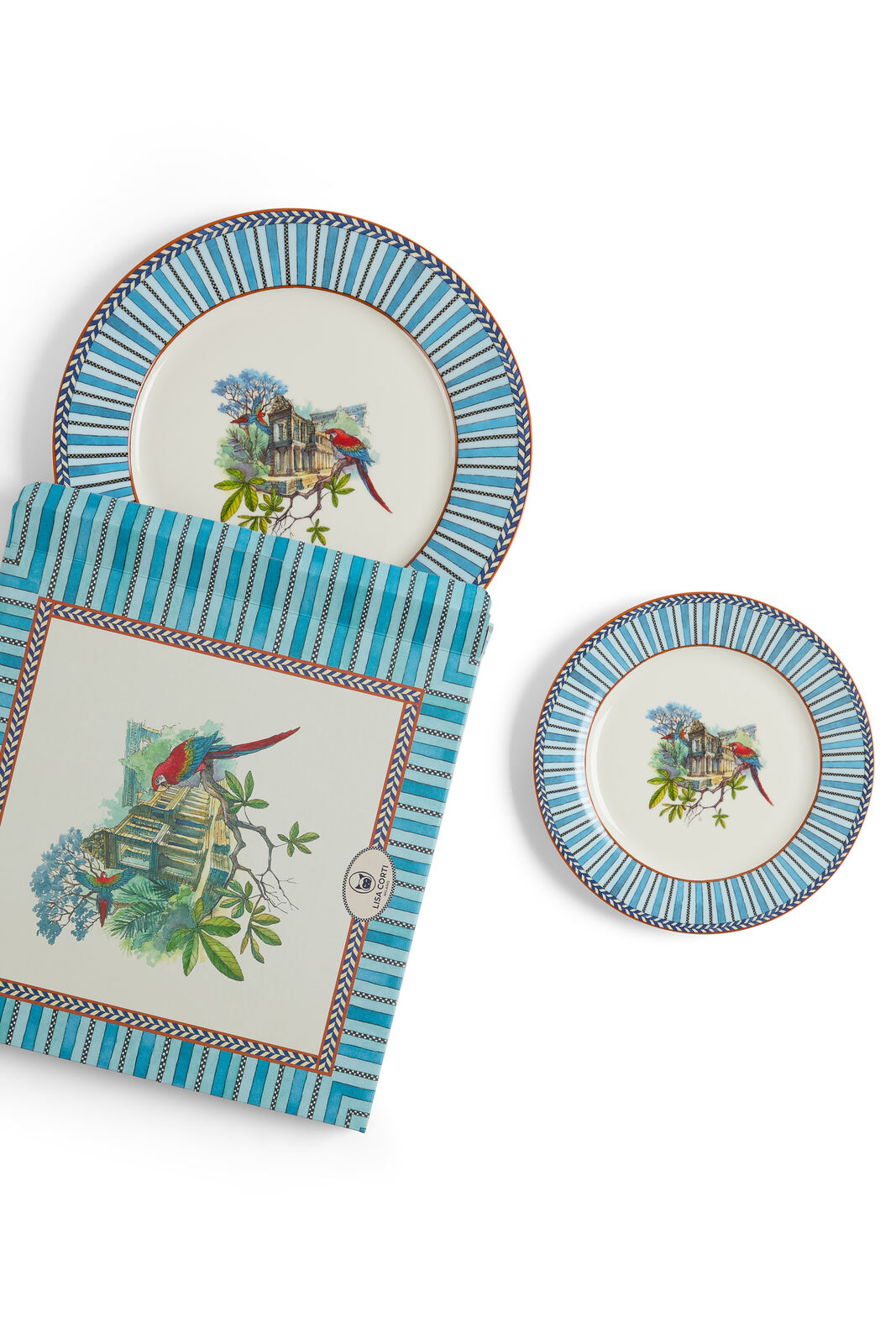 set di 2 piatti in porcellana--jungle parrot blue 