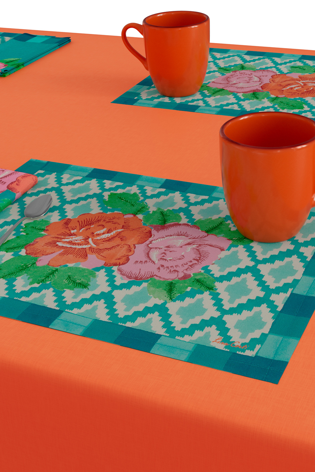 set of 2 cotton placemats 35x48cm--hima big flower turquoise