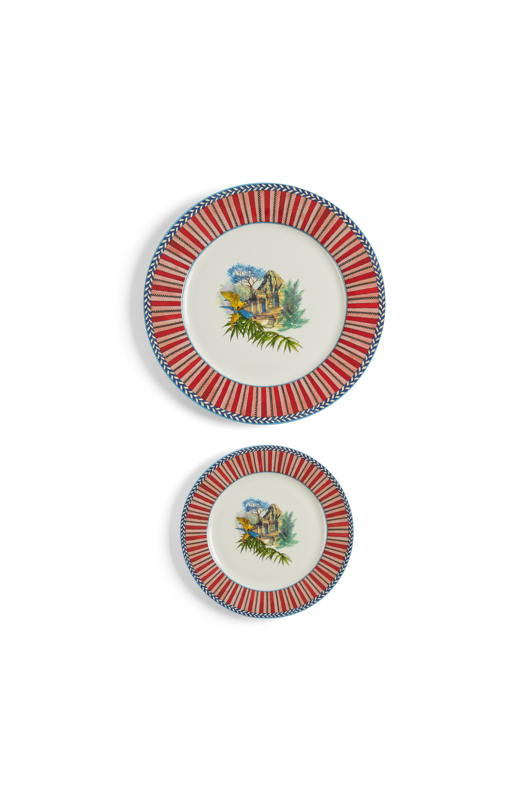 porcelain set plate of 2--jungle parrot red 